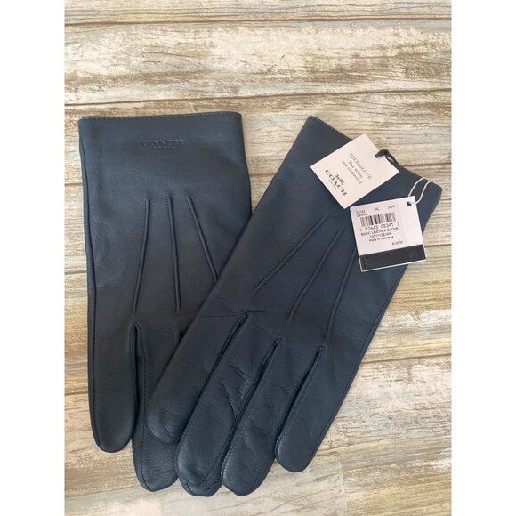 Coach XL Tech Leather Gloves Denim Blue Touchscreen Compatible $130 NWT - Picture 1 of 8